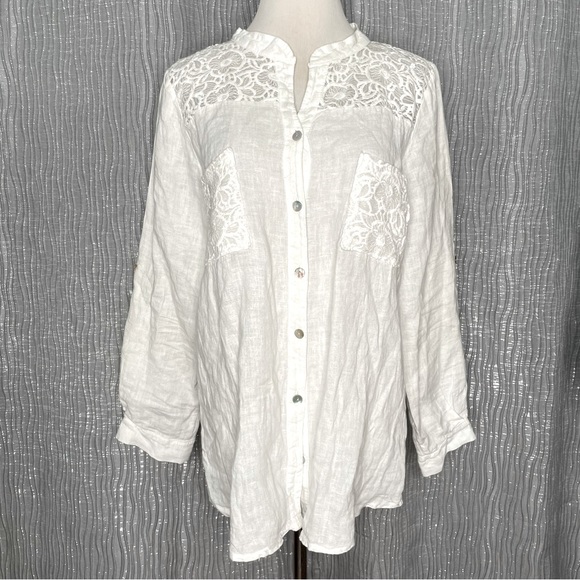 M Made in Italy linen & lace roll tab shirt - Picture 2 of 8